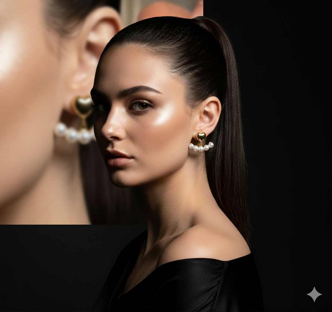 Drizzling Stars Golden Heart Pearl Arc Earrings