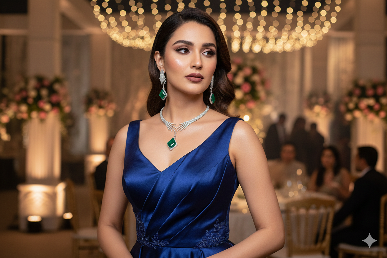 Emerald Grace Diamond-Finish Necklace & Earring Set. DSRJ05