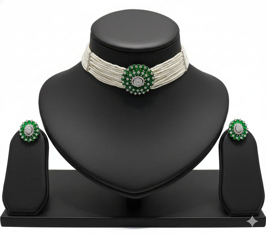 Contemporary Emerald Floral Pearl Choker Set