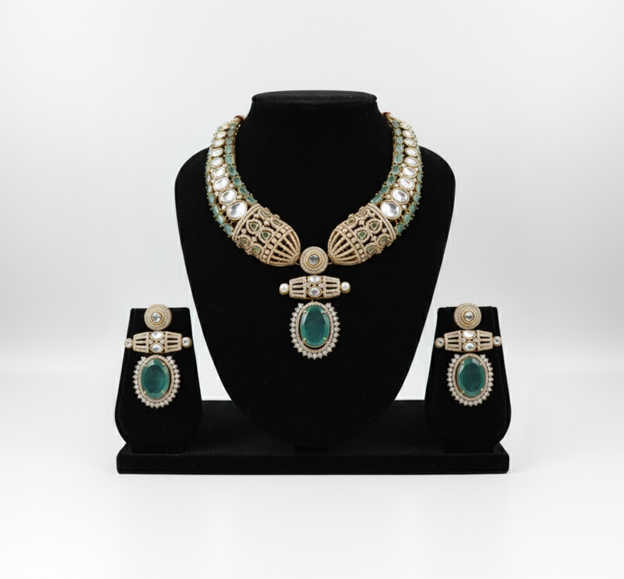 Regal Emerald Green & Polki Kundan Choker Necklace Set DSLC-03