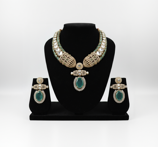 Regal Emerald Green & Polki Kundan Choker Necklace Set DSLC-03