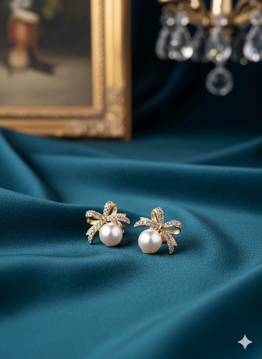Drizzling Stars – Pearl Whisper Bow Studs