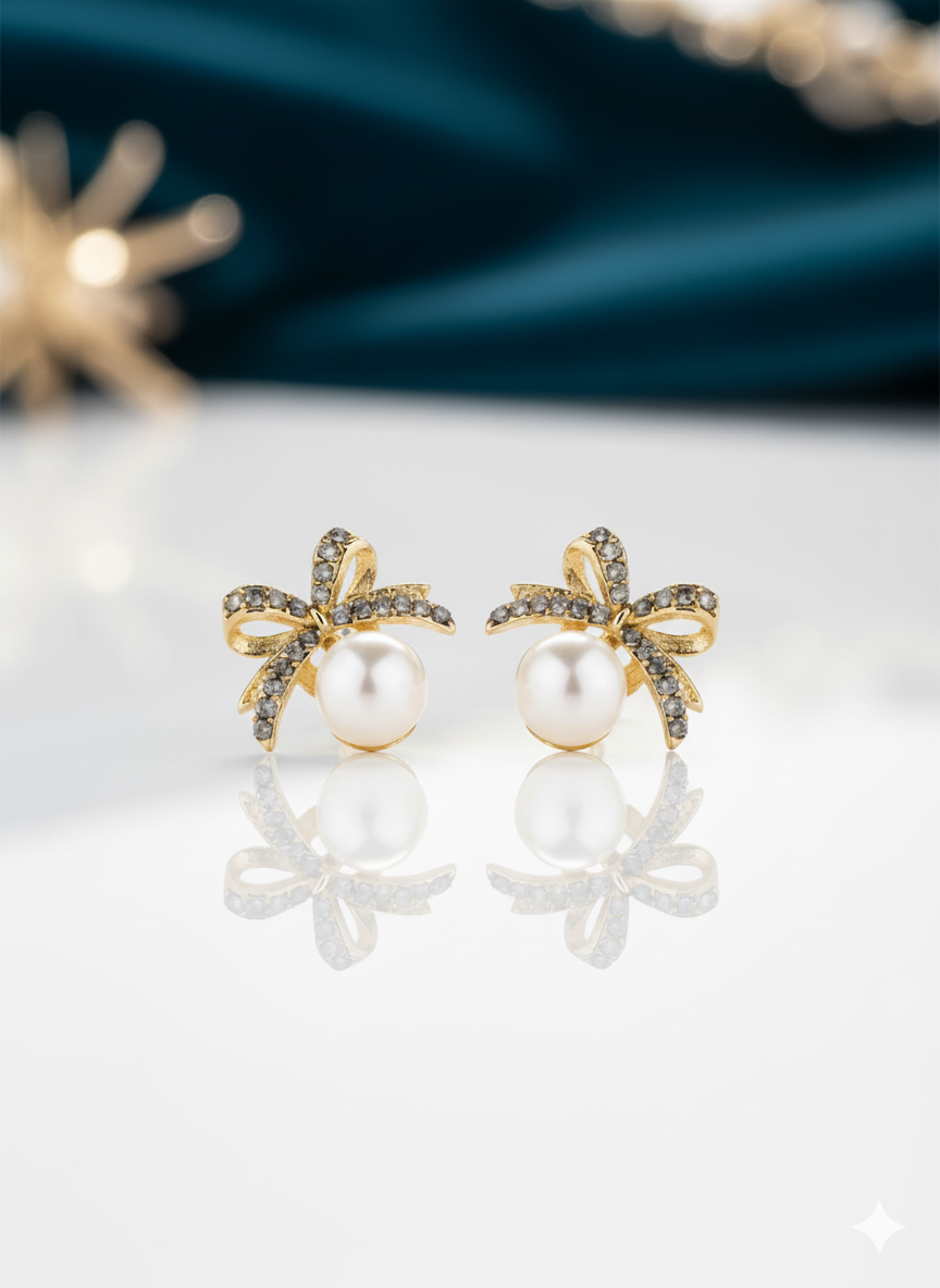 Drizzling Stars – Pearl Whisper Bow Studs