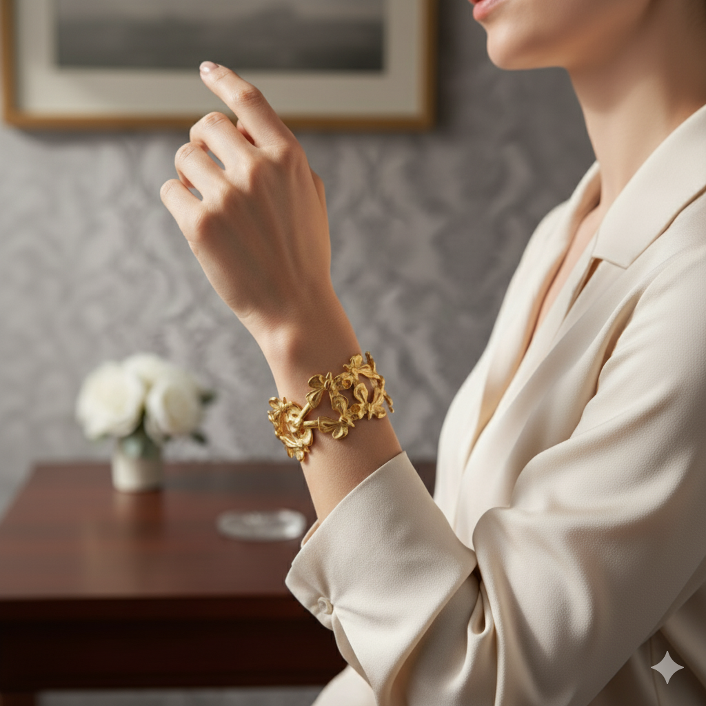 Drizzling Stars Golden Blossom Charm Cuff Bracelet