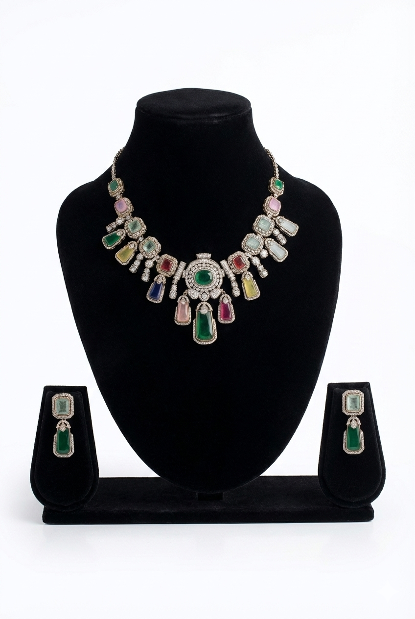 Elegant Multicolor Gemstone Statement Necklace & Earring Set DSLC-01