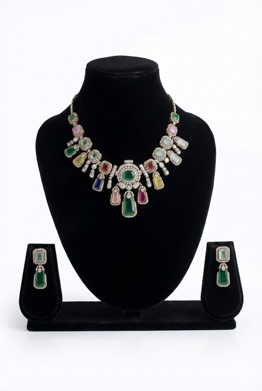 Elegant Multicolor Gemstone Statement Necklace & Earring Set DSLC-01