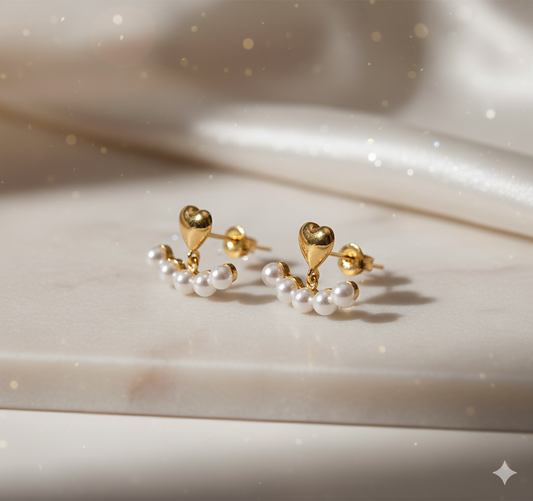 Drizzling Stars Golden Heart Pearl Arc Earrings