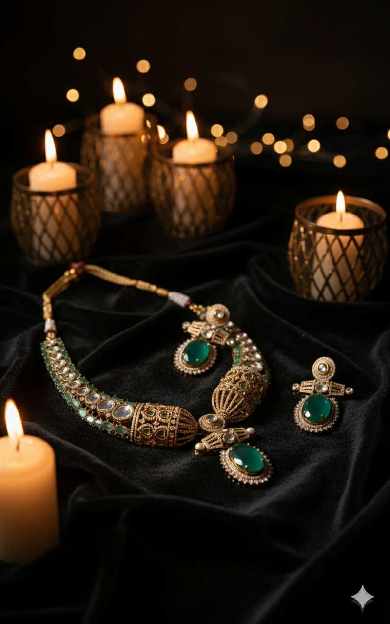 Regal Emerald Green & Polki Kundan Choker Necklace Set DSLC-03