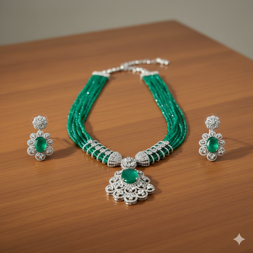 The Regal Emerald Suite: Beaded Statement Necklace & Earring Set RJ