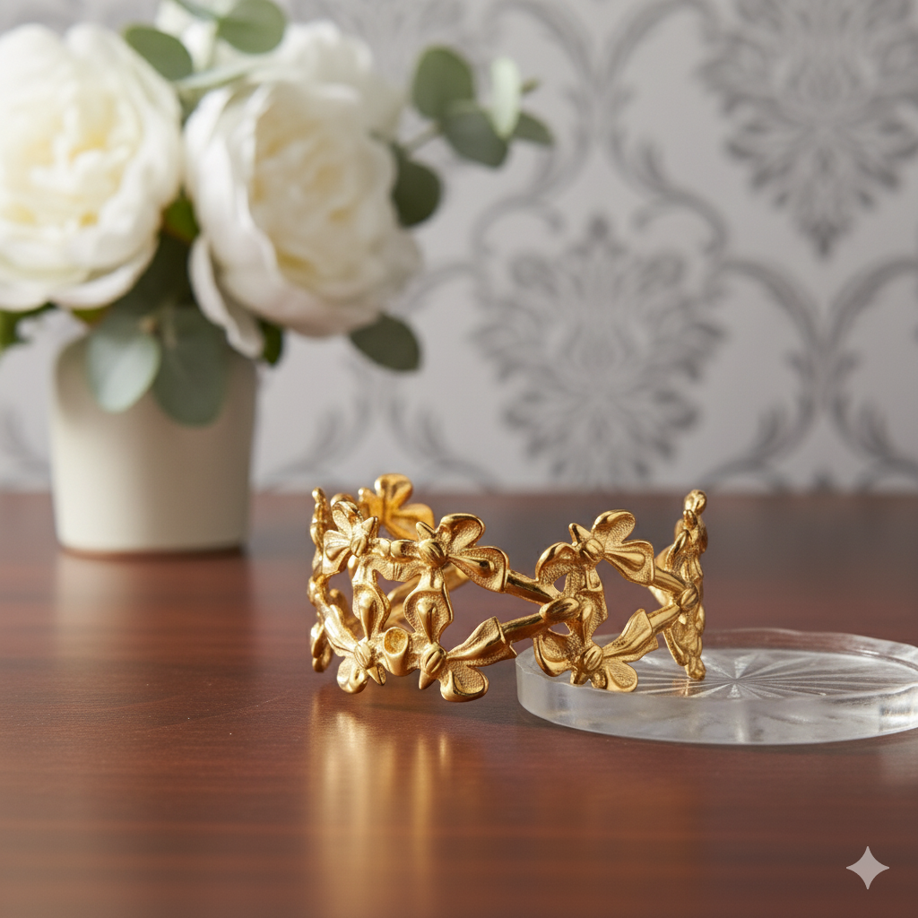 Drizzling Stars Golden Blossom Charm Cuff Bracelet