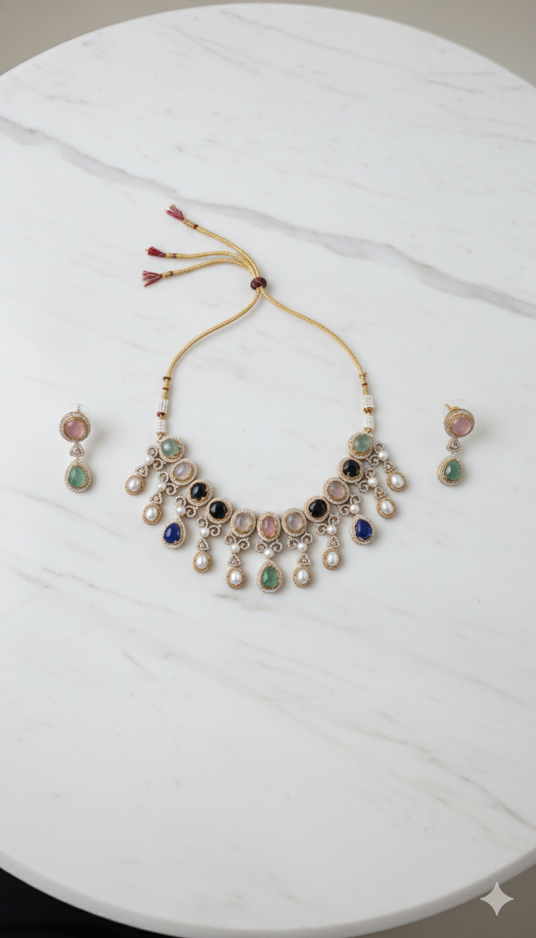 Vintage-Inspired Pastel Gemstone Statement Jewellery Set DSLC-02