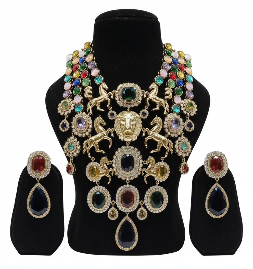 Regal Majesty: Multi-Strand Lion & Stallion Statement Necklace Set with Cabochon Gemstones DSRJ-02