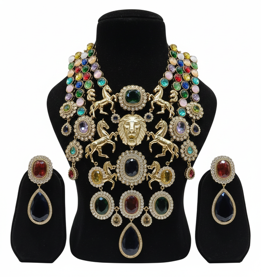 Regal Majesty: Multi-Strand Lion & Stallion Statement Necklace Set with Cabochon Gemstones DSRJ-02