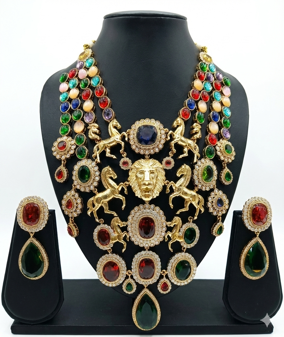 Regal Majesty: Multi-Strand Lion & Stallion Statement Necklace Set with Cabochon Gemstones DSRJ-02