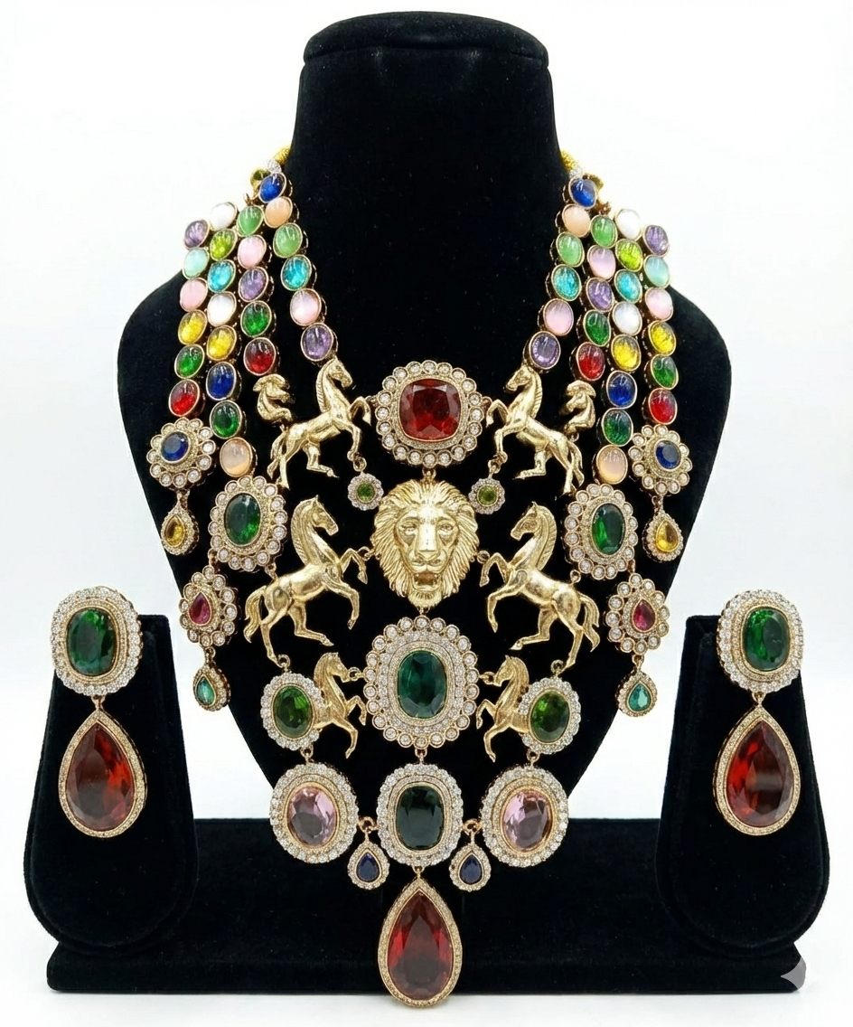 Regal Majesty: Multi-Strand Lion & Stallion Statement Necklace Set with Cabochon Gemstones DSRJ-02