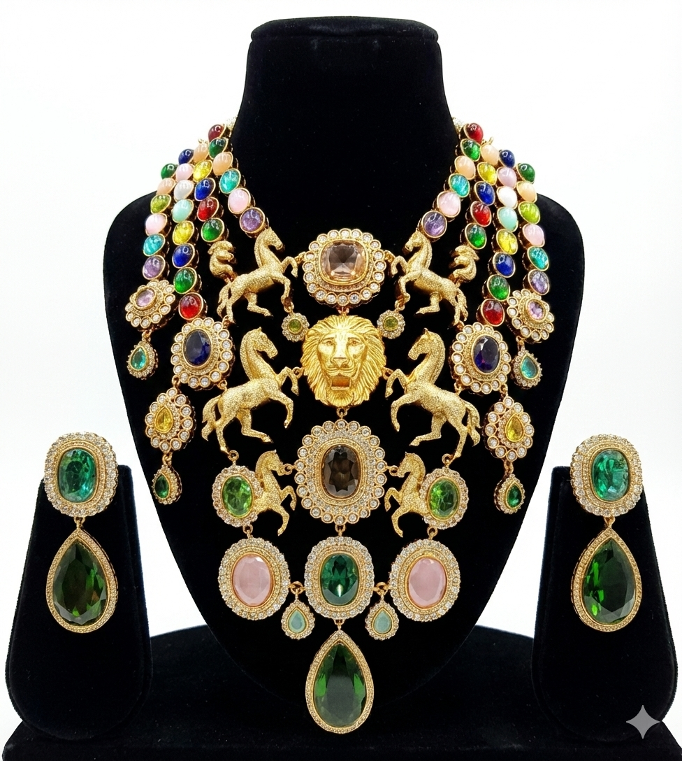 Regal Majesty: Multi-Strand Lion & Stallion Statement Necklace Set with Cabochon Gemstones DSRJ-02