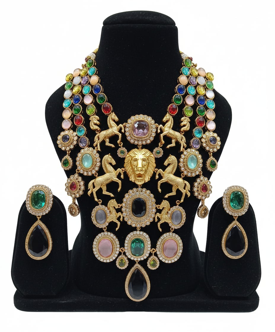 Regal Majesty: Multi-Strand Lion & Stallion Statement Necklace Set with Cabochon Gemstones DSRJ-02