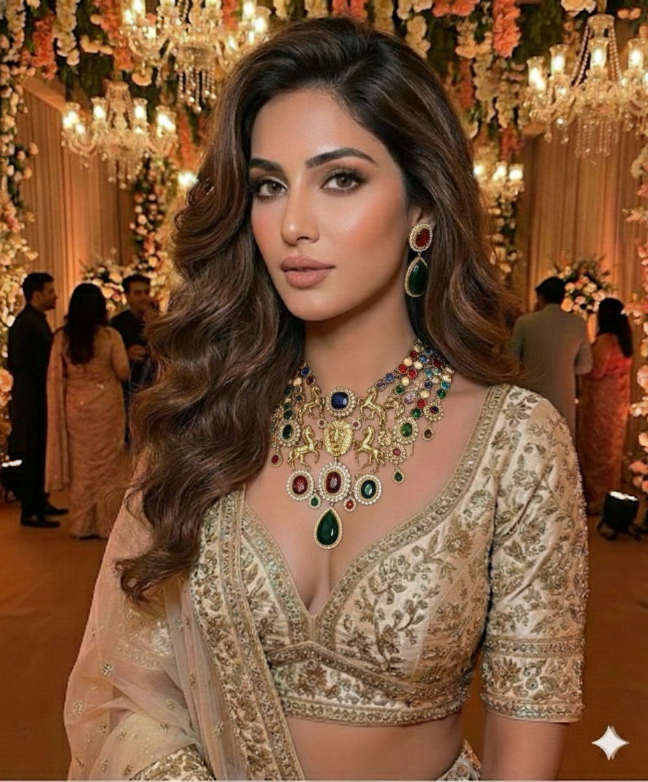 Regal Majesty: Multi-Strand Lion & Stallion Statement Necklace Set with Cabochon Gemstones DSRJ-02