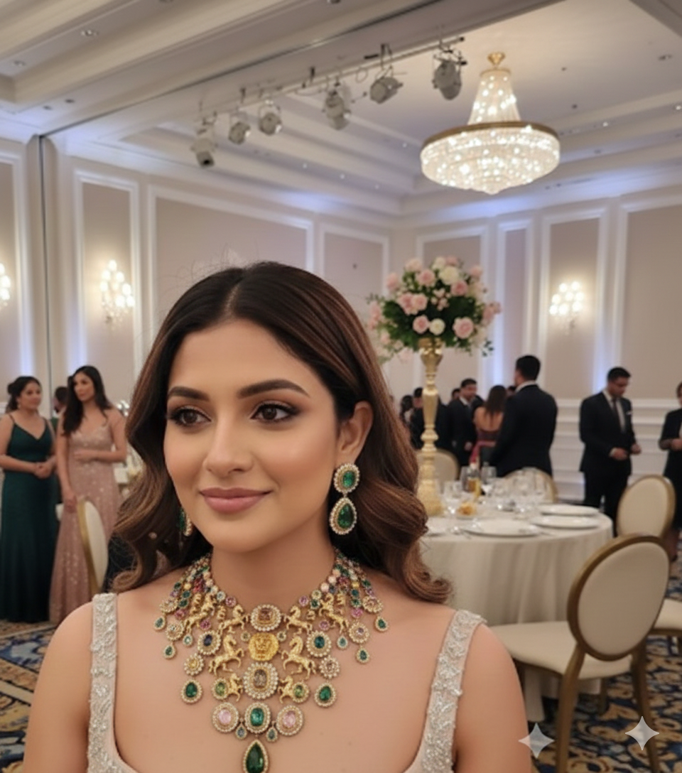 Regal Majesty: Multi-Strand Lion & Stallion Statement Necklace Set with Cabochon Gemstones DSRJ-02