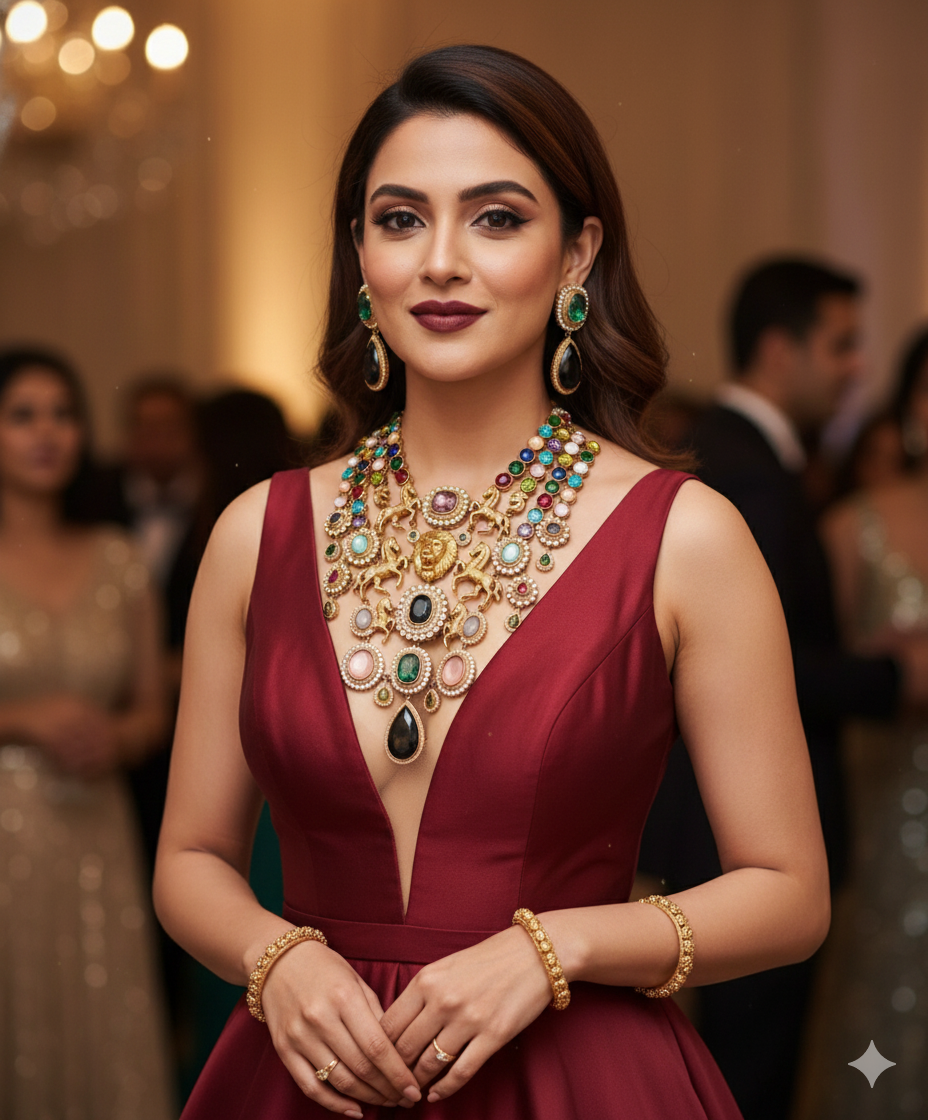 Regal Majesty: Multi-Strand Lion & Stallion Statement Necklace Set with Cabochon Gemstones DSRJ-02