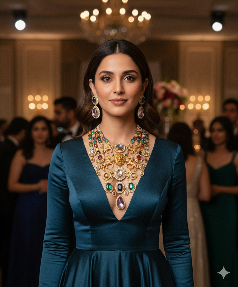 Regal Majesty: Multi-Strand Lion & Stallion Statement Necklace Set with Cabochon Gemstones DSRJ-02