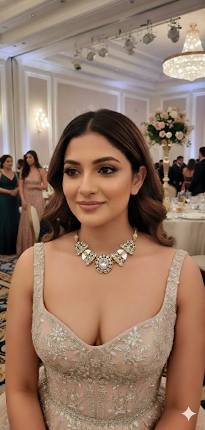 Regal White Enamel & Crystal Kundan-Style Gold-Tone Necklace Set DSLC-04