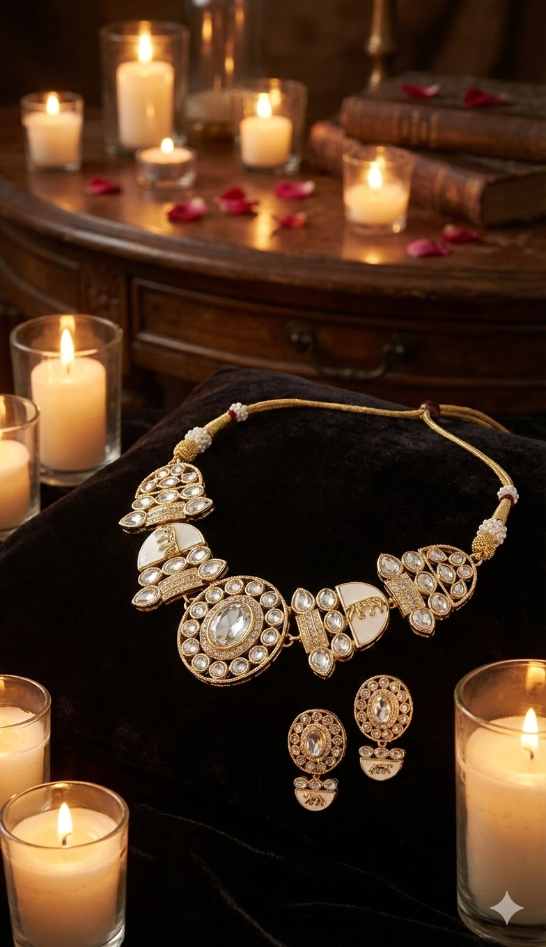 Regal White Enamel & Crystal Kundan-Style Gold-Tone Necklace Set DSLC-04
