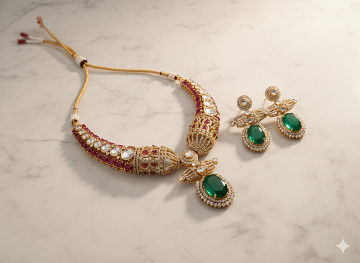 Regal Emerald Green & Polki Kundan Choker Necklace Set DSLC-03