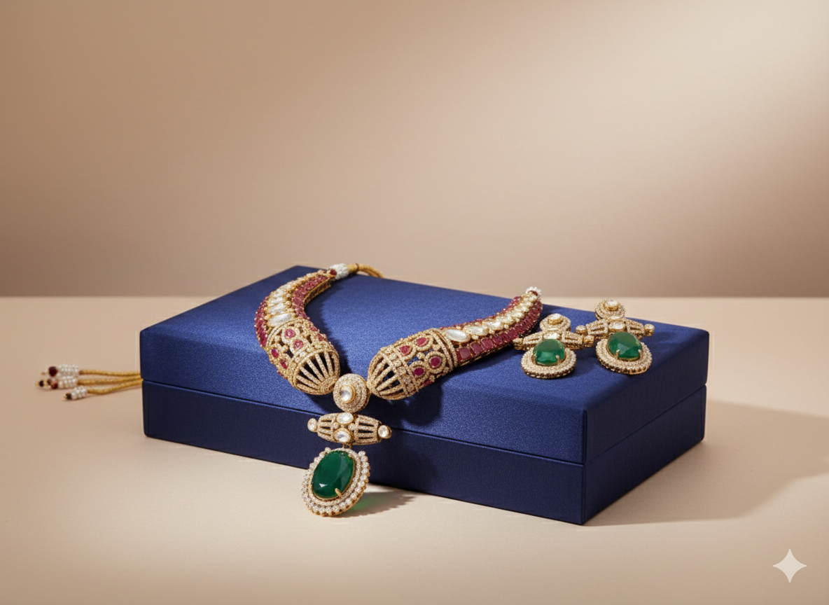 Regal Emerald Green & Polki Kundan Choker Necklace Set DSLC-03