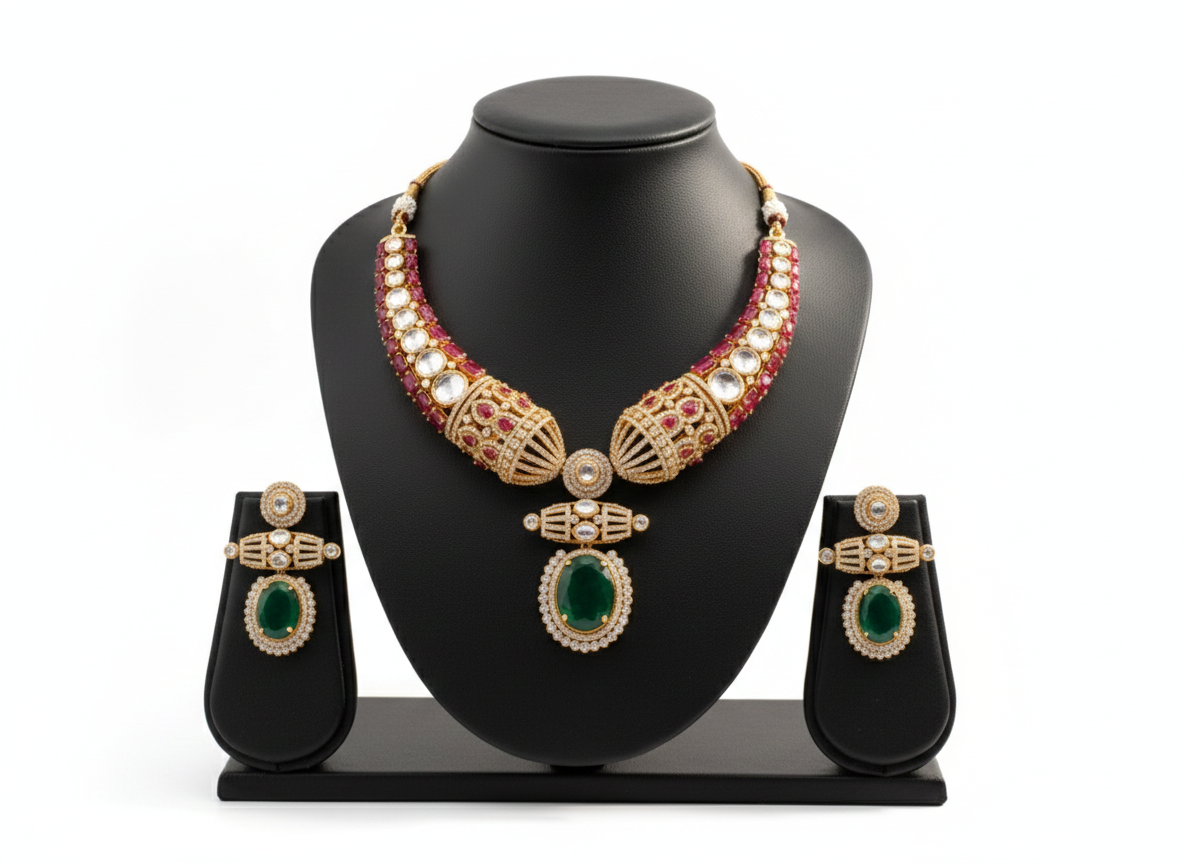 Regal Emerald Green & Polki Kundan Choker Necklace Set DSLC-03