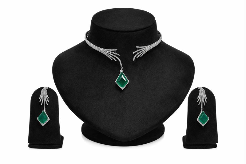 Emerald Grace Diamond-Finish Necklace & Earring Set. DSRJ05