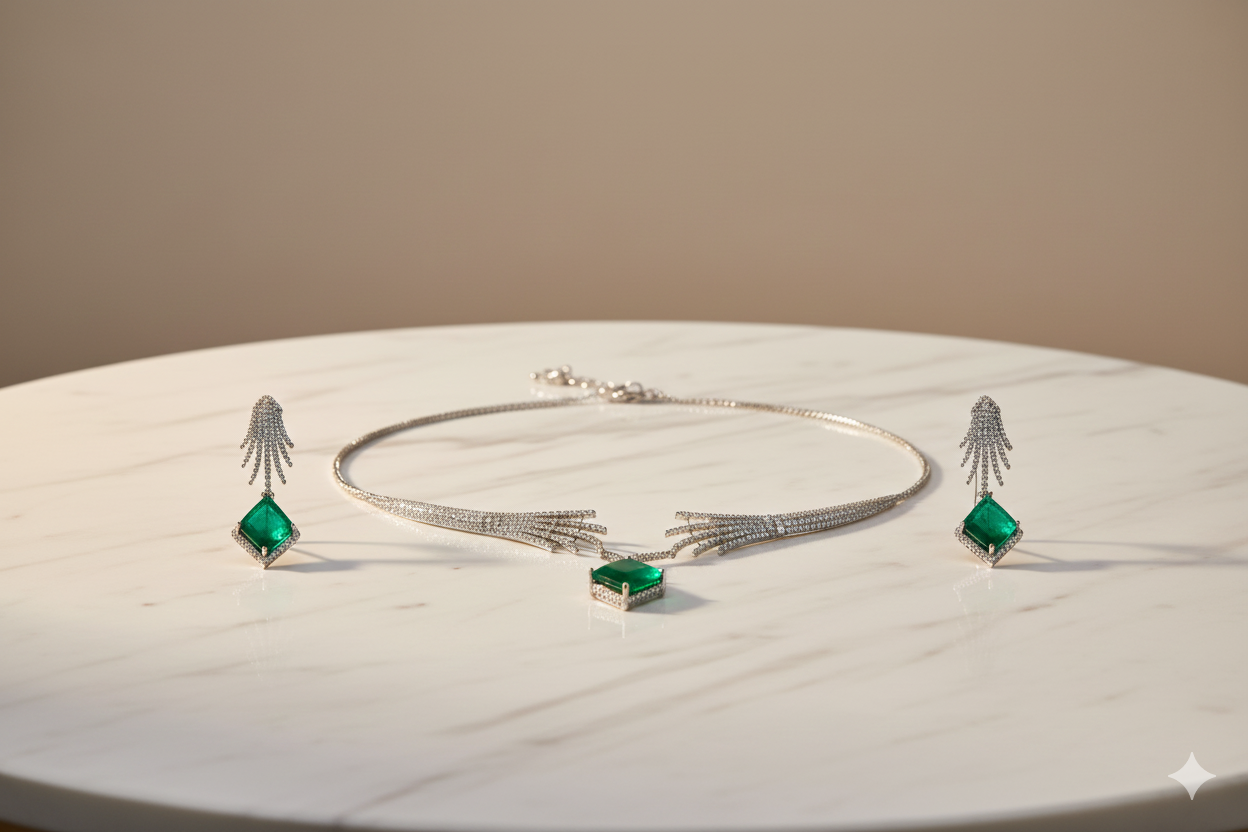 Emerald Grace Diamond-Finish Necklace & Earring Set. DSRJ05