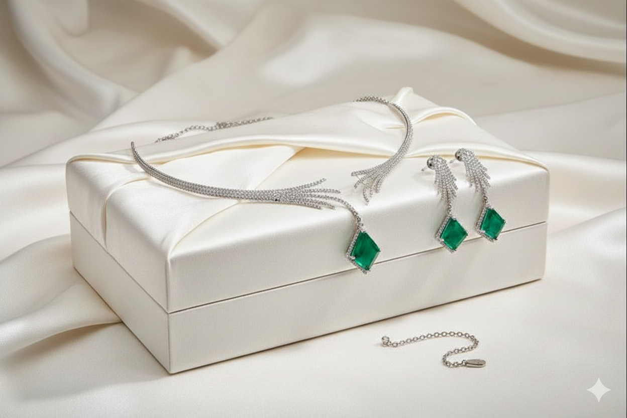 Emerald Grace Diamond-Finish Necklace & Earring Set. DSRJ05