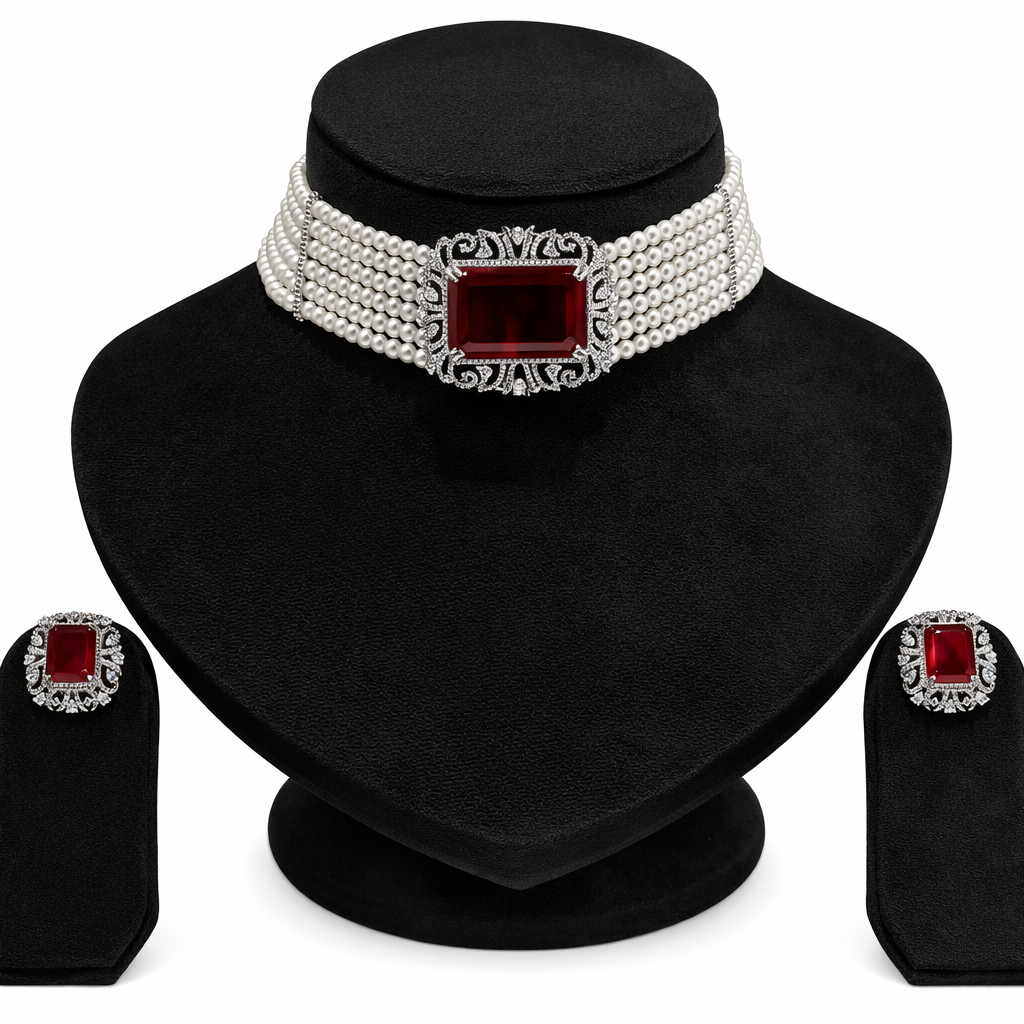 Exquisite Emerald Green & Pearl Multi-Strand Choker Set