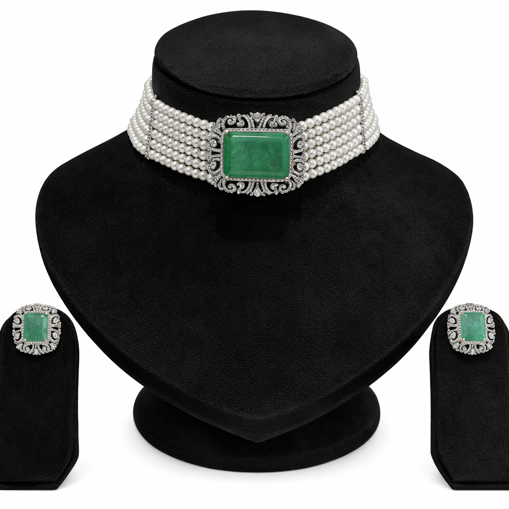 Exquisite Emerald Green & Pearl Multi-Strand Choker Set