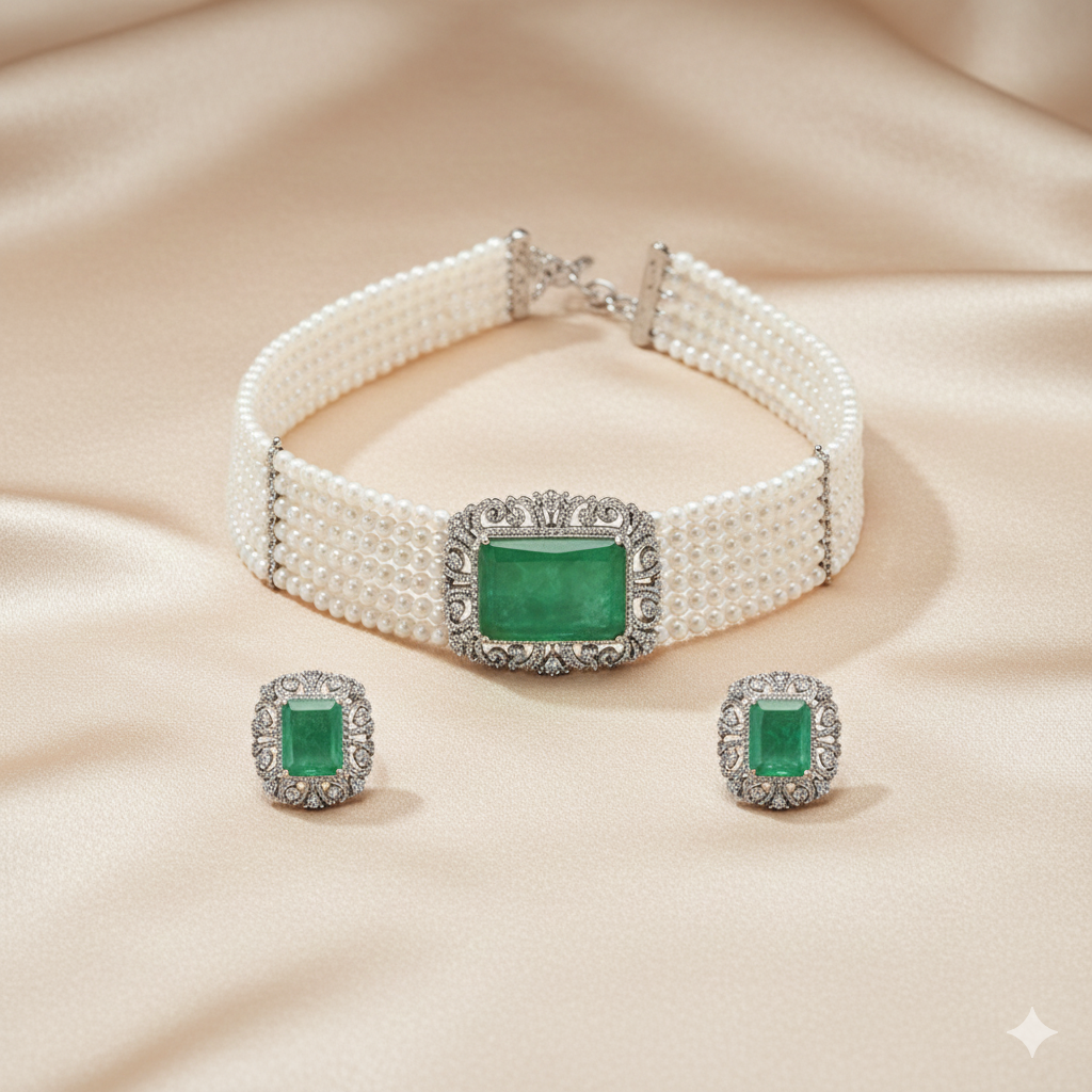 Exquisite Emerald Green & Pearl Multi-Strand Choker Set