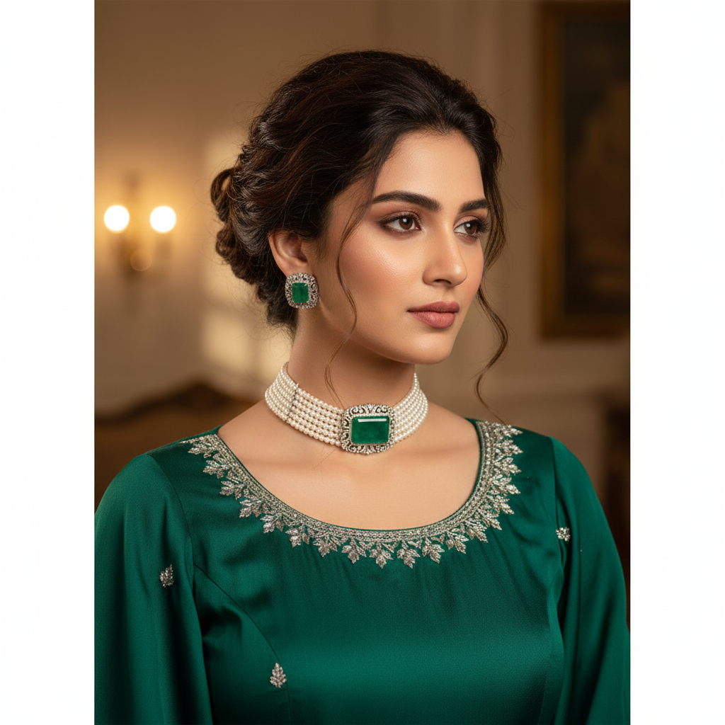 Exquisite Emerald Green & Pearl Multi-Strand Choker Set