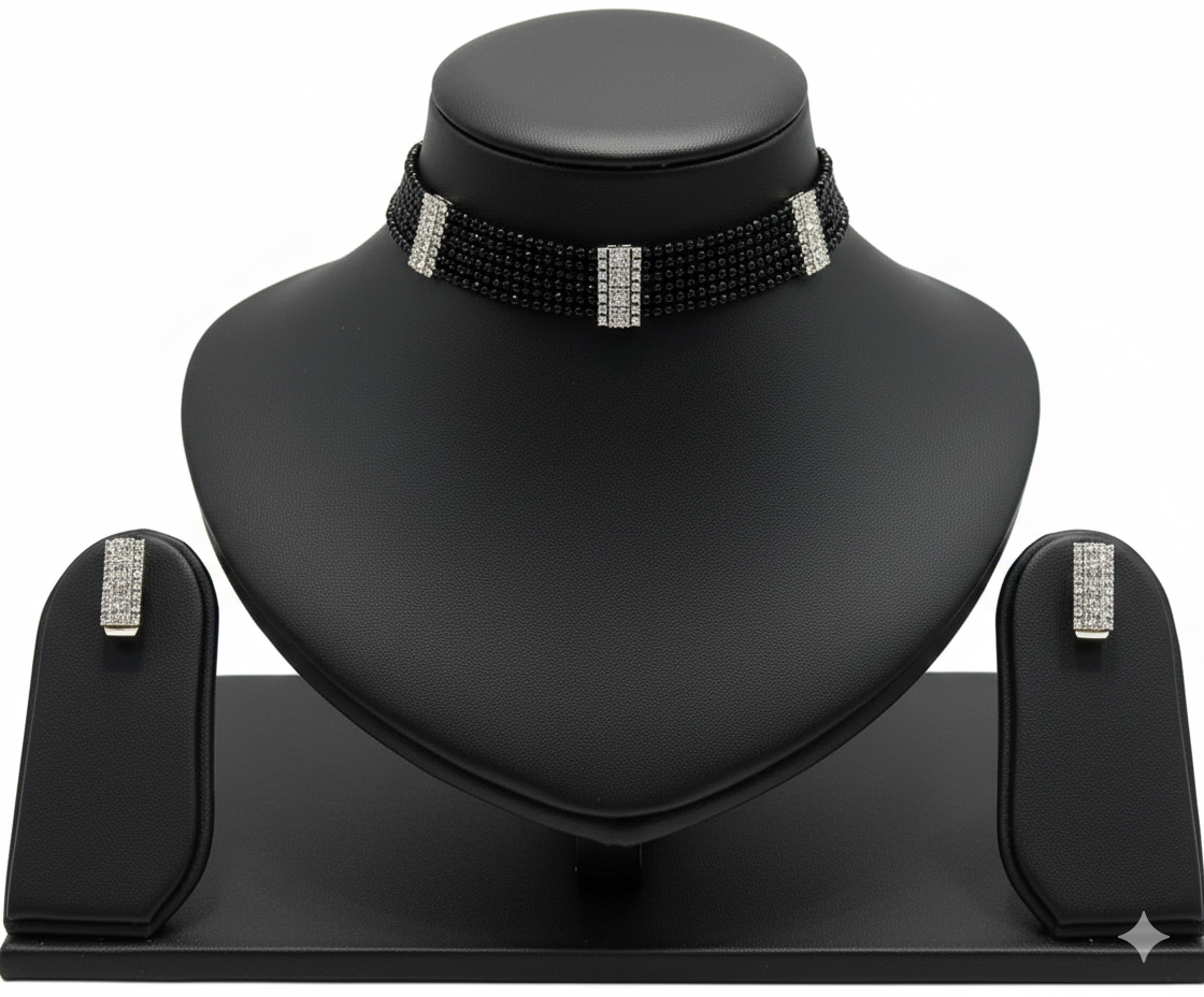 Glamour Noir: Multi-Strand Beaded Choker Set with Crystal Bars