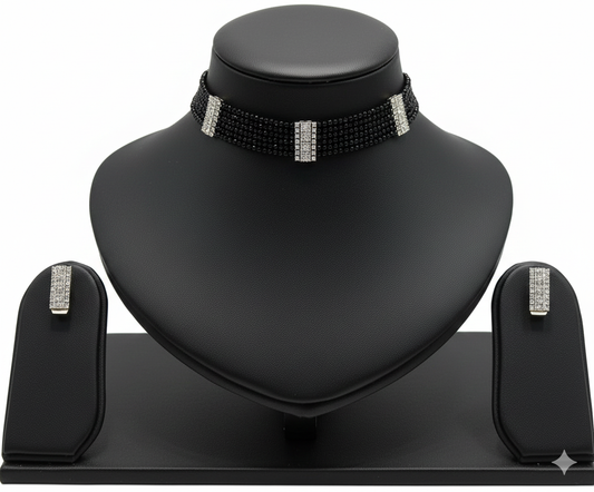 Glamour Noir: Multi-Strand Beaded Choker Set with Crystal Bars