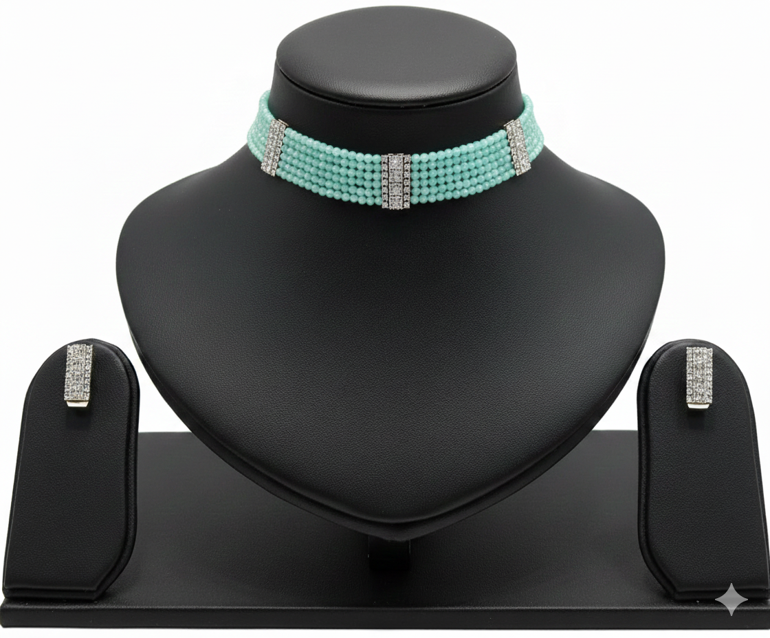 Glamour Noir: Multi-Strand Beaded Choker Set with Crystal Bars