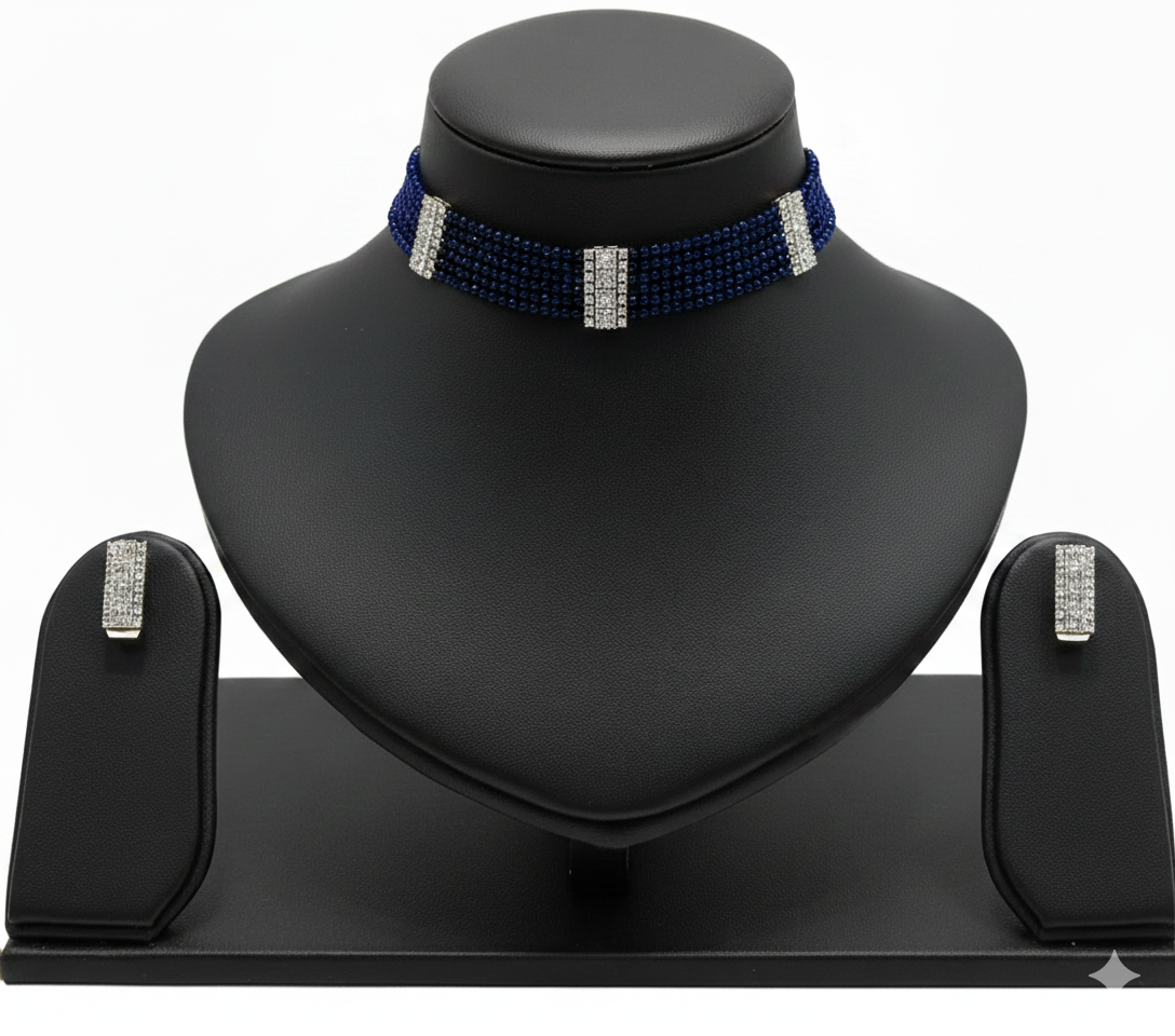 Glamour Noir: Multi-Strand Beaded Choker Set with Crystal Bars