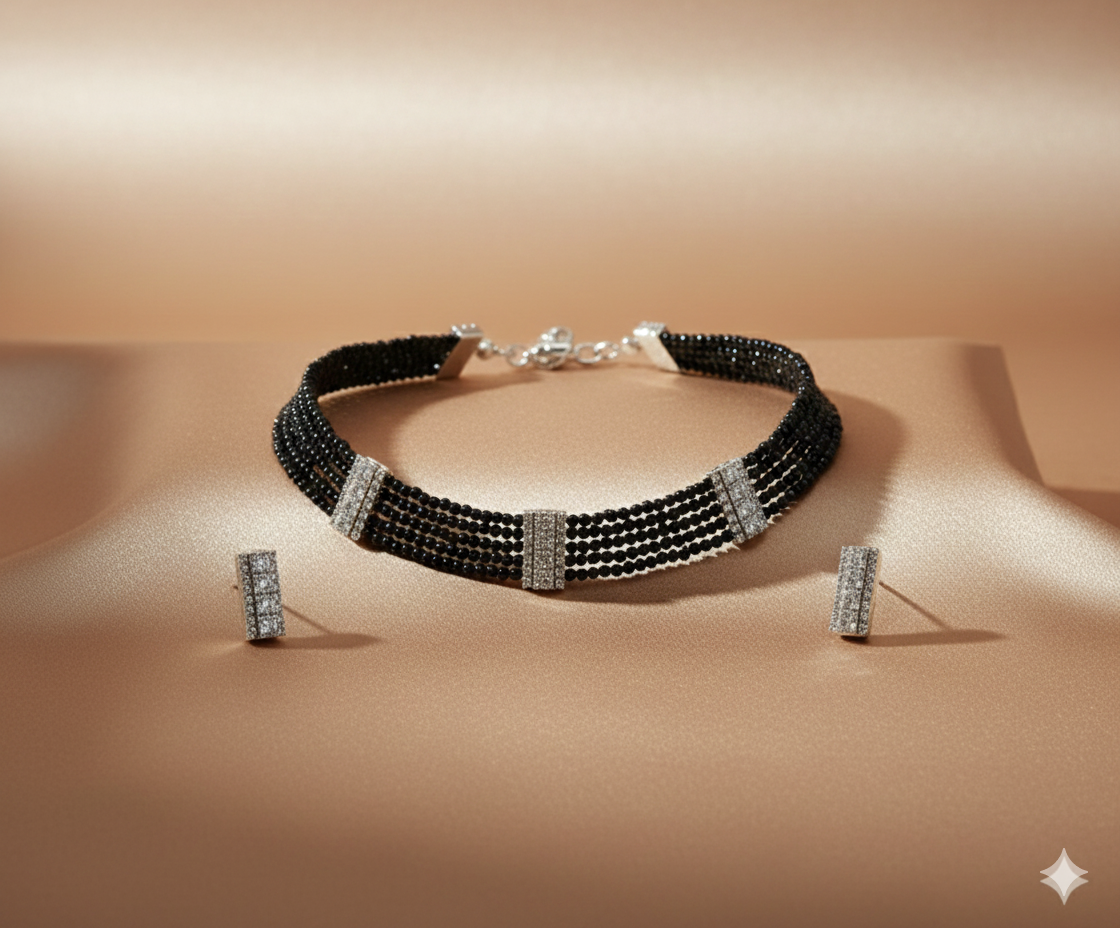 Glamour Noir: Multi-Strand Beaded Choker Set with Crystal Bars