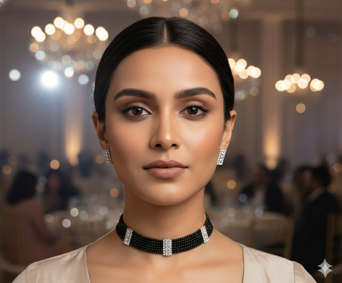 Glamour Noir: Multi-Strand Beaded Choker Set with Crystal Bars