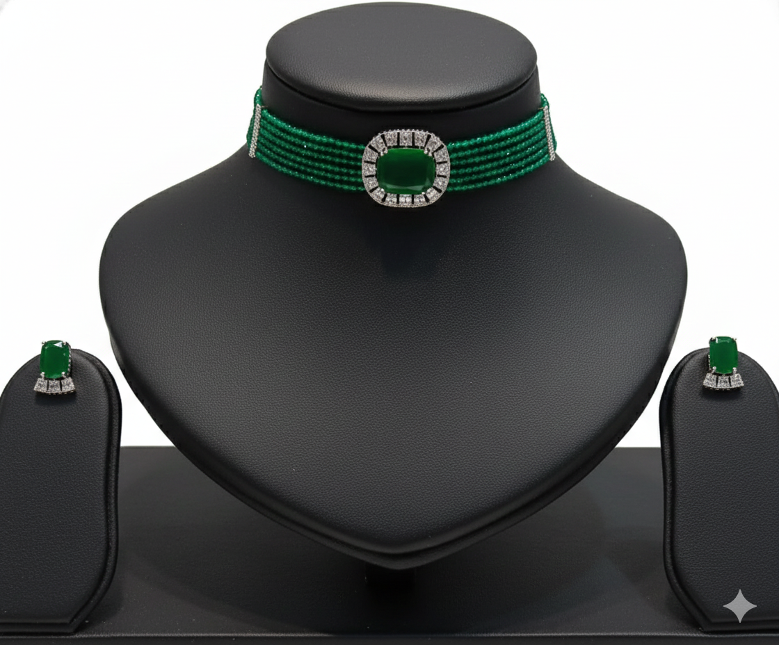 Exquisite Emerald  Beaded Choker & Earring Set