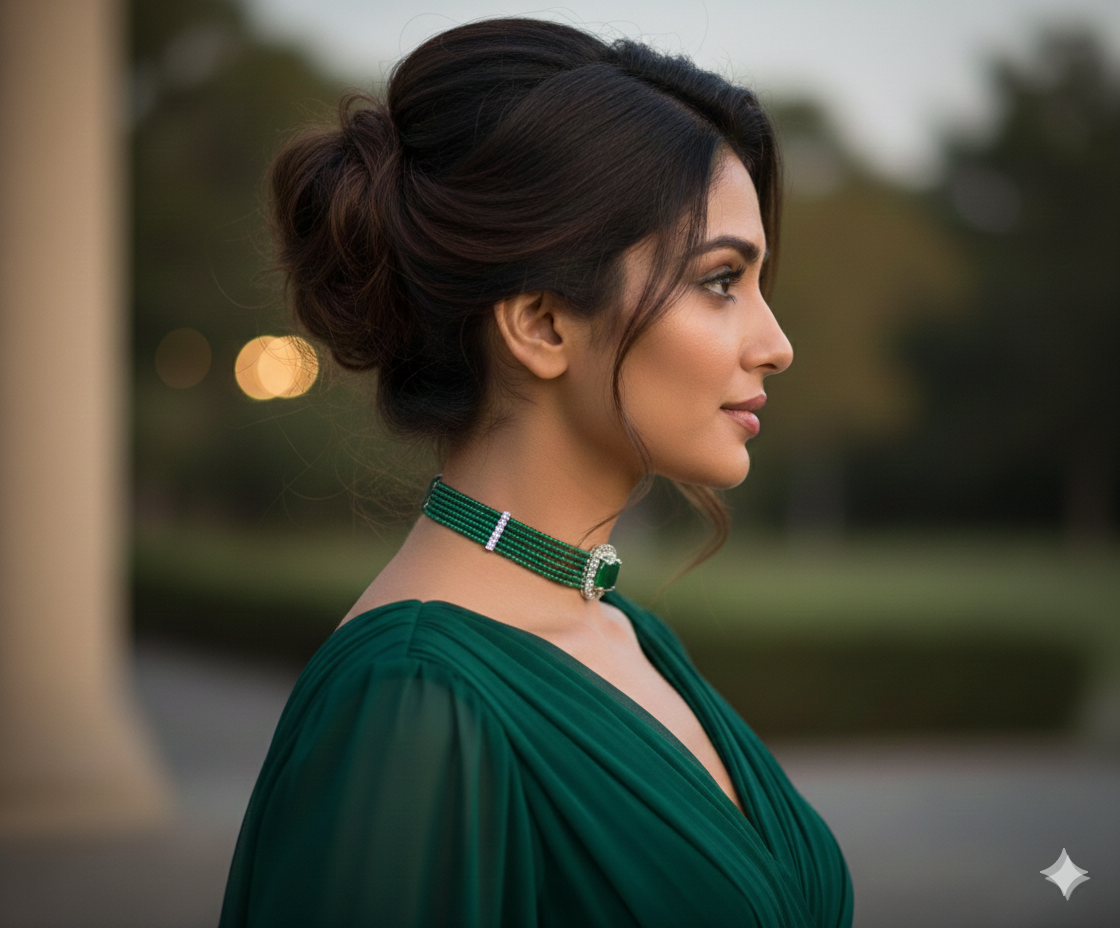 Exquisite Emerald  Beaded Choker & Earring Set