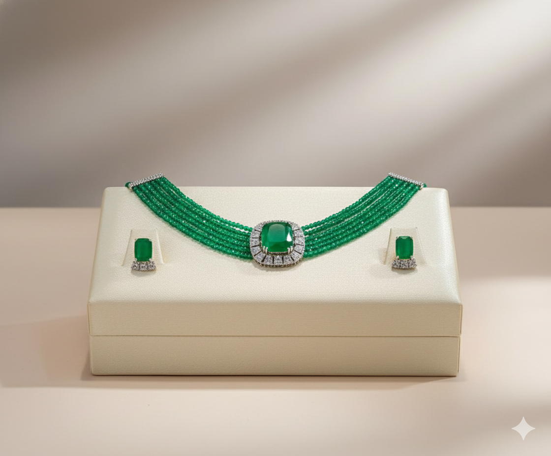 Exquisite Emerald  Beaded Choker & Earring Set