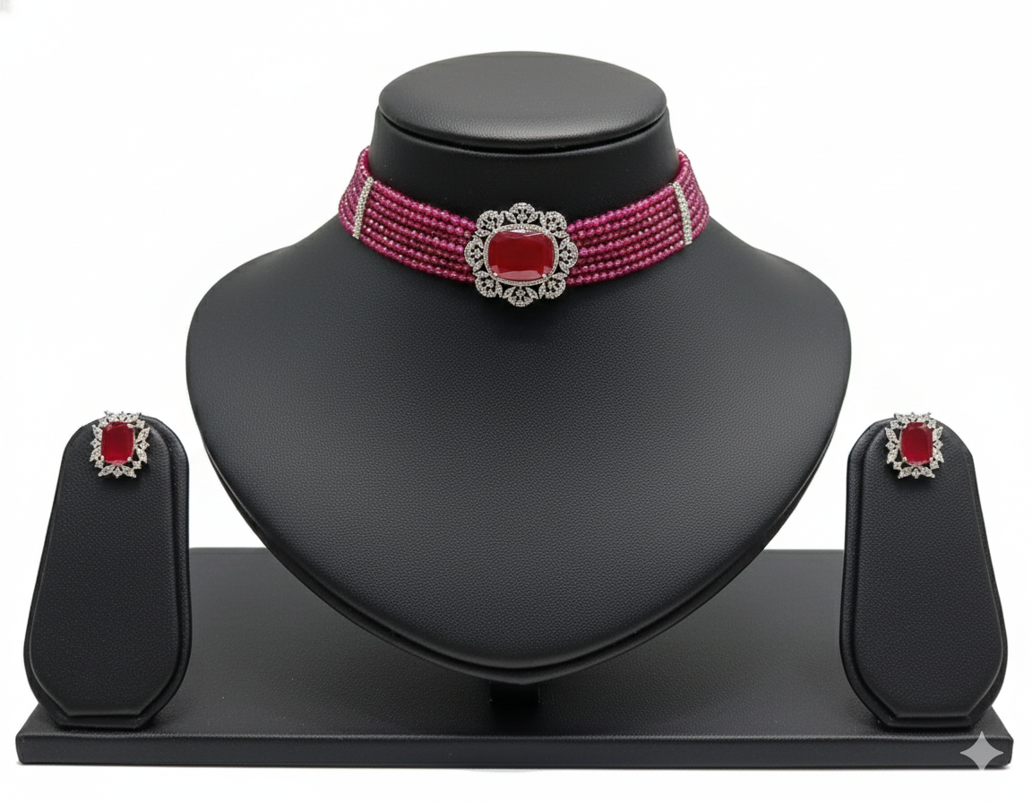 Emeralds Multi-Strand Beaded Choker Set with Cushion-Cut Pendant and Matching Studs