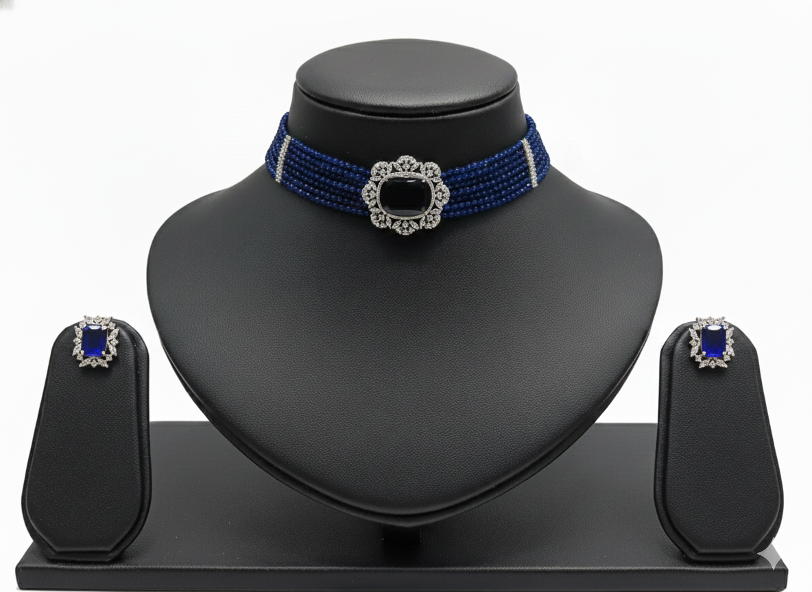 Emeralds Multi-Strand Beaded Choker Set with Cushion-Cut Pendant and Matching Studs