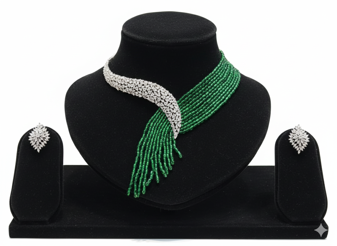 Emerald Cascade Diamond-Style Beaded Necklace Set