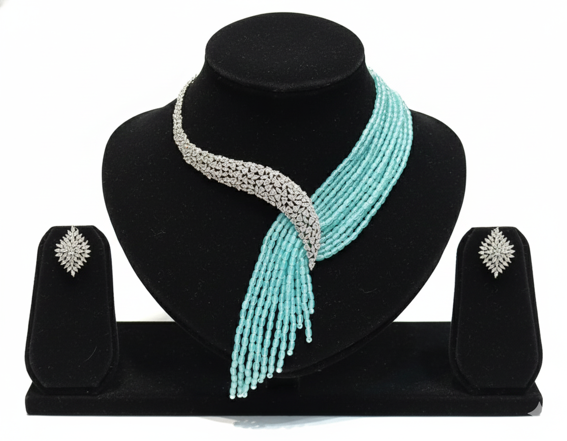 Emerald Cascade Diamond-Style Beaded Necklace Set